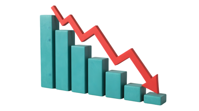 A bar graph with turquoise bars and a red arrow showing a downward trend against a black background