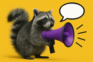 Desaturated Raccoon with Purple Megaphone and Chat Bubble on Yellow Background — Modern Poster Template for Creative Design Projects