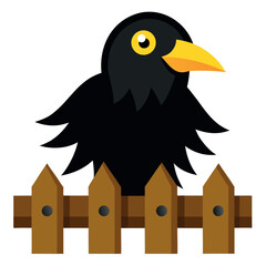 Spooky halloween crow perched on a weathered wooden fence with a glossy black finish perfect for seasonal decorations
