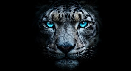 A majestic snow leopard's face with piercing, vibrant blue eyes staring intensely from the darkness.