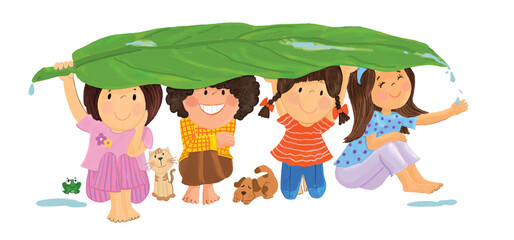 Rainbow of friends under the leaf's shade, diversity finds warmth