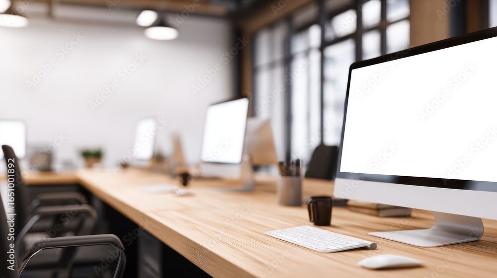 Poster modern office workspace featuring multiple computers on a wooden desk with stylish decor and bright 