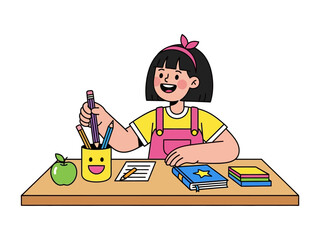 Creative Corner: A young girl happily engages in a creative endeavor at her desk, surrounded by colorful tools, expressing a sense of joy and playful learning.