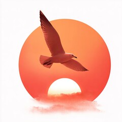 A seagull soars above a vibrant orange sunset