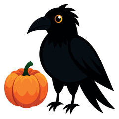 Glossy black raven holding a bright orange pumpkin in its beak perfect for halloween designs