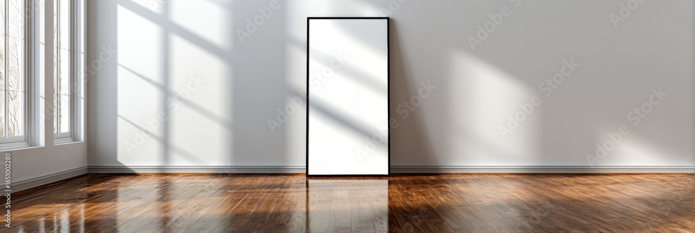 Poster modern empty interior with sunlight streaming through large windows creating patterns on polished wo