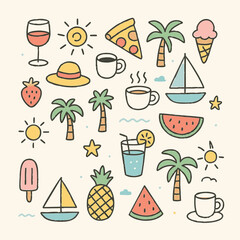 A playful and colorful hand-drawn doodle pattern featuring summer-themed elements like tropical drinks, pineapples, watermelon, ice cream cones, pizza, sun, coffee cups, and sailboats. This vibrant de