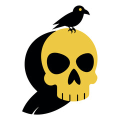 Spooky halloween illustration of a detailed off white skull with a black crow perched on top perfect for seasonal designs