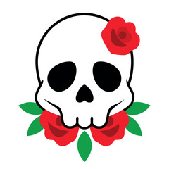 Spooky halloween skull adorned with vibrant red roses set against an off white bone background perfect for festive designs