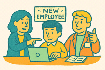 A hand-drawn naive doodle sketch of a new employee being helped by colleagues in a cute style.