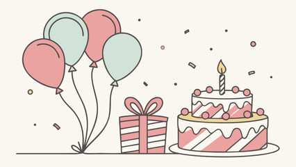 Cute birthday celebration with balloons cake and gift box