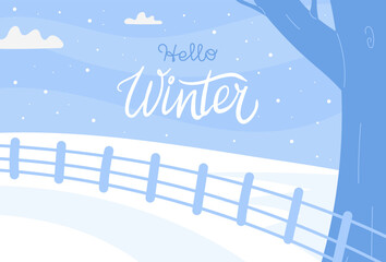 Snowy winter background with landscape and festive lettering. Vector illustration for greeting cards, posters, social media banners