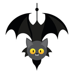 Illustration of a black vampire bat hanging upside down suitable for halloween themes and spooky designs