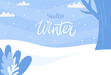 Snowy winter background with landscape and lettering. Vector illustration for greeting cards, posters, social media banners