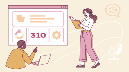 Two people collaborating on a digital dashboard presentation