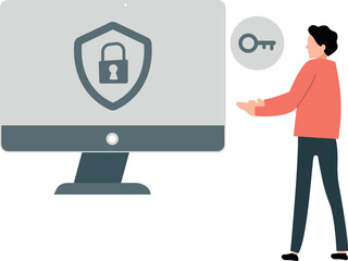 A person points at a computer screen displaying a keypad and a shield, suggesting security or protection features.