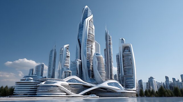 Futuristic cityscape with modern architecture under a clear blue sky, showcasing utopian design and innovation.