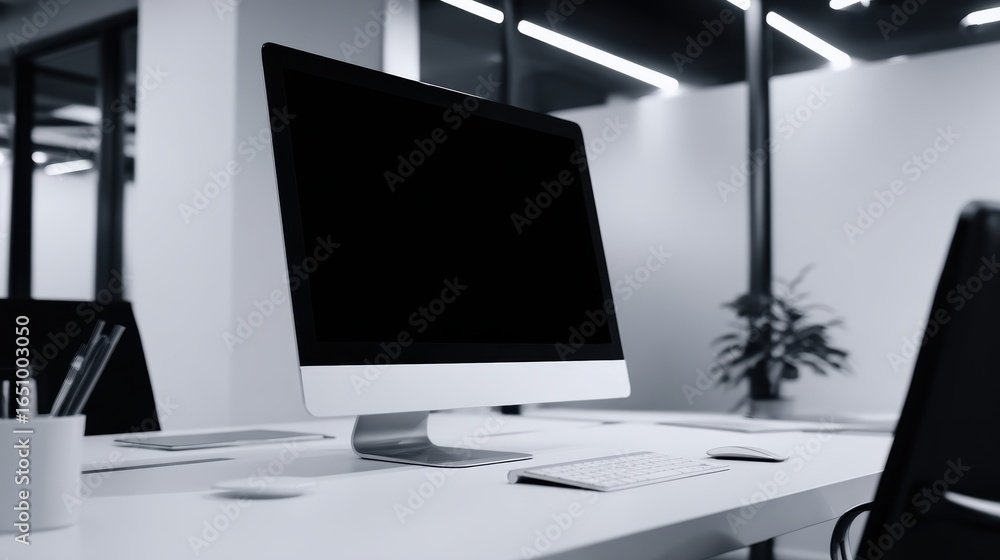 Poster modern office workspace featuring a sleek computer setup with a blank screen and minimalistic decor