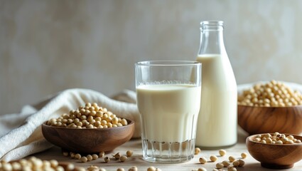 Fresh soy milk with soybeans in bowls and a bottle, on a wooden table. Dairy and beverage concept. Plant-based drinks and nutrition. The concept of healthy and natural beverages.
