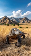 Fototapeta premium A Komodo dragon walking across the dry grasslands
