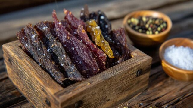 Explore a diverse jerky tasting experience with a 115-piece mixed meat sampler featuring beef, pork, chicken, and lamb, elegantly presented in a rustic wooden box.