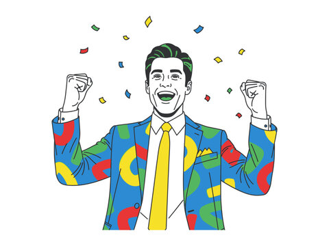 Man Celebrates in colorful suit: A stylish man celebrates with confetti, exuding joy in a fashion-forward suit. The image showcases a moment of pure elation and achievement.