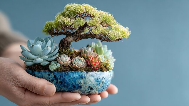 Person holding a miniature bonsai tree and succulents in a blue ceramic pot against a blue backdrop