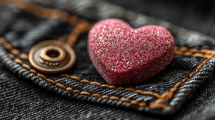 Pink glitter heart on denim pocket with brass button and contrasting orange stitching close up