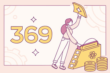 Woman holding a star award near the number 369 and stacks of coins