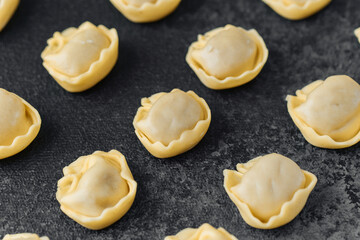 Diagonal scattered raw cappelletti pasta on dark background close up
