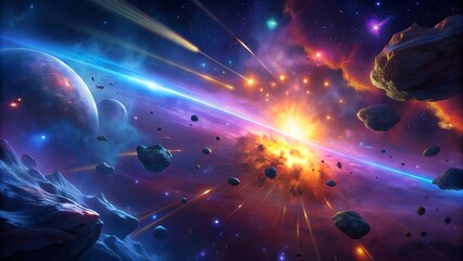 Obraz premium A vibrant cosmic explosion amidst asteroids and planets in deep space