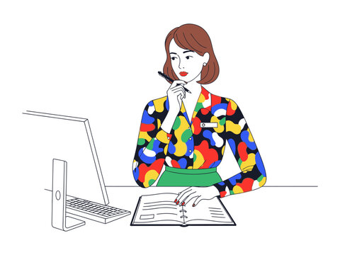 Focused Professional: A stylish professional woman at a desk, engrossed in work. Her focused gaze suggests intelligence and attention to detail, perfect for illustrating business themes.