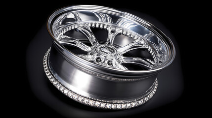 Naklejka premium Shiny metallic wheel rim with intricate geometric design, reflecting studio lighting.