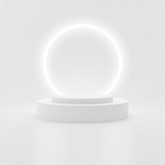 Minimalist white podium with a glowing white circular neon light