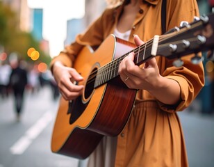 Fototapeta premium Street performer serenading the city with acoustic melodies and harmonic expressions