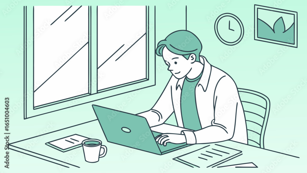 Aufkleber man working on a laptop at a desk with a window and clock