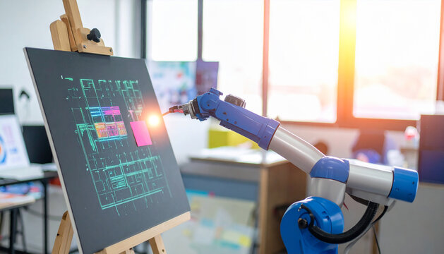 A robotic arm is painting on a canvas with a brush, showcasing the fusion of technology and art, with a bright window in the background