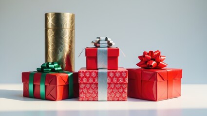Obraz premium Several wrapped Christmas presents with bows and a gift box, celebrating the holiday season.