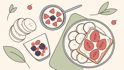 Healthy breakfast spread with fruits and yogurt