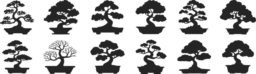 Silhouette bonsai tree collection in pots, minimalist Japanese plant art, traditional zen design, natural decor, peaceful garden illustration, black style