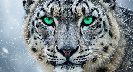 Obraz premium Close-up portrait of a snow leopard with striking green eyes amidst falling snow.