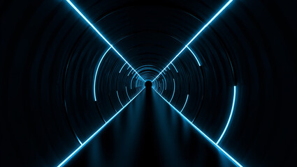 Futuristic Tunnel with Blue Neon Lights, Abstract 3D Rendering