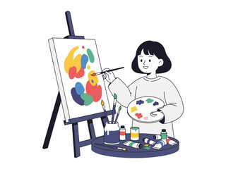 The Art of Creation: Capturing the creative process of a young artist engrossed in painting on a canvas, with the vibrant colors of a paint palette and a table full of artistic supplies.