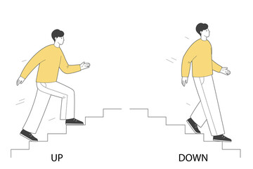 Man walking up and down on stairs. Vector outline illustration.	 