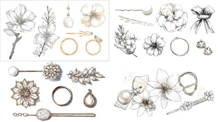 Elegant floral and jewelry sketch set featuring magnolia, lily, and peony line drawings with rings, earrings, and pearls. Perfect for wedding branding, invitations, and stationery.