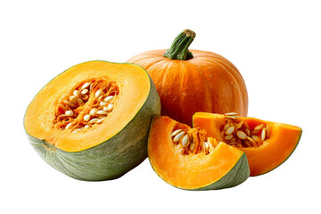 Whole and sliced pumpkin with visible seeds and orange flesh