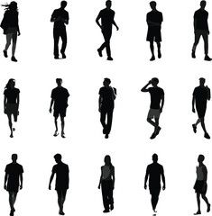 Silhouette collection of walking men and women, casual clothing, diverse poses, realistic human figures for graphic design and UI projects