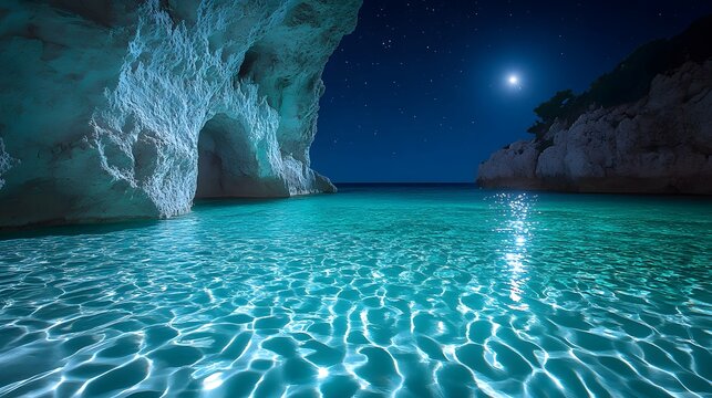 Moonlight illuminates a stunning turquoise bay framed by rocky cliffs and a natural cave entrance, creating a serene and magical Mediterranean seascape at night.