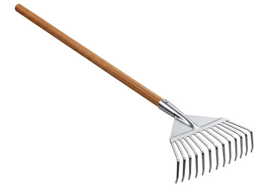 wooden garden rake with metal tines against a black background for yard work and outdoor cleanup