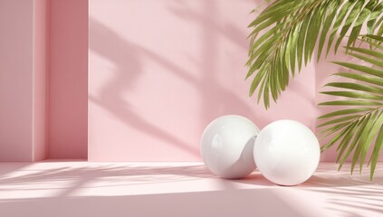 Fototapeta premium Soft pink room with palm leaves and spheres